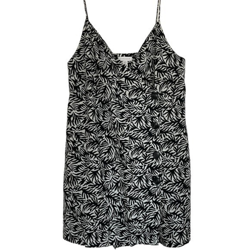 TOPSHOP Linen‎ Leaf Print Black White Sundress Dress Sz 12